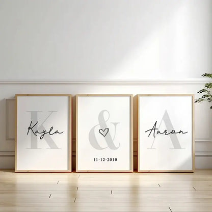 DecorBites personalized set of 3 custom name wall art with light wood frames and black cursive on white canvas paintings