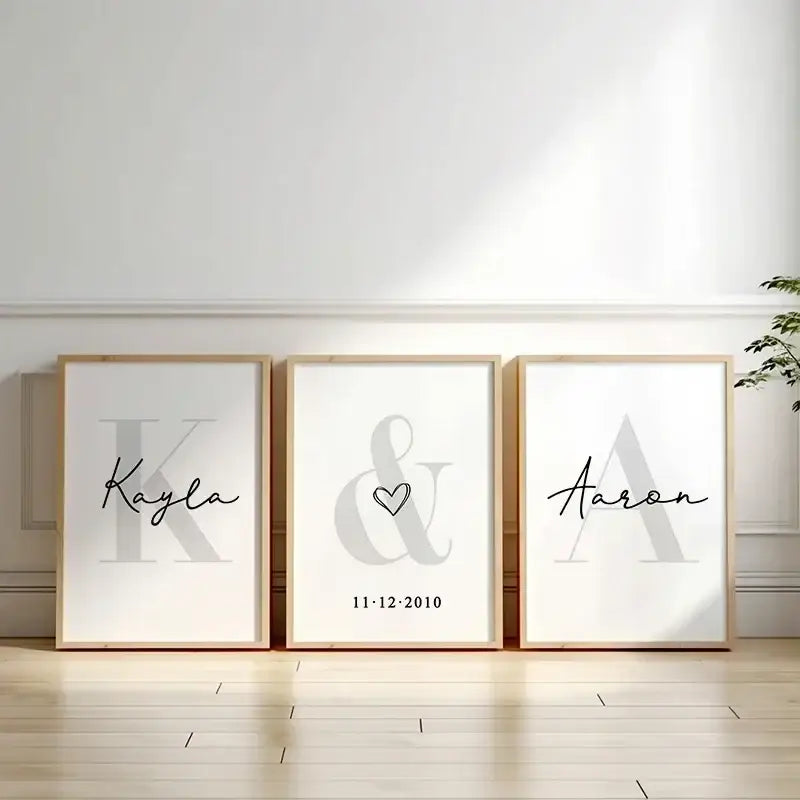 Decorbites™ personalized set of 3 custom name wall art with minimalist black cursive on white canvas paintings