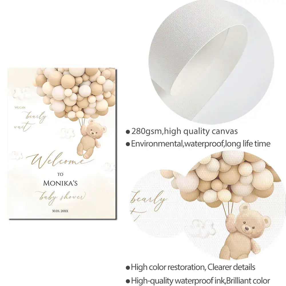 Beige and cream canvas teddy bear baby shower welcome sign by DecorBites personalized with balloons design
