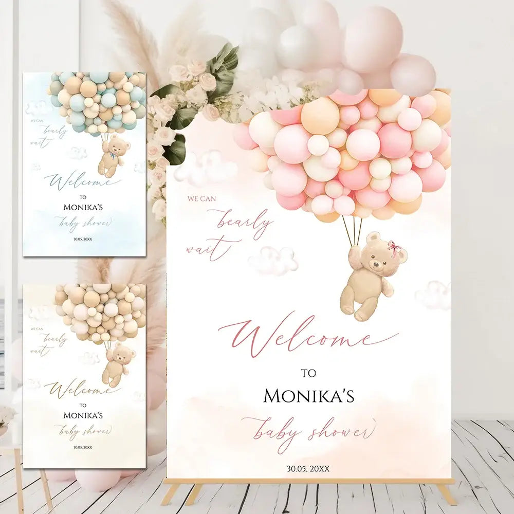 Decorbites™ personalized teddy bear baby shower welcome sign with pastel pink cream balloons and teddy bear design