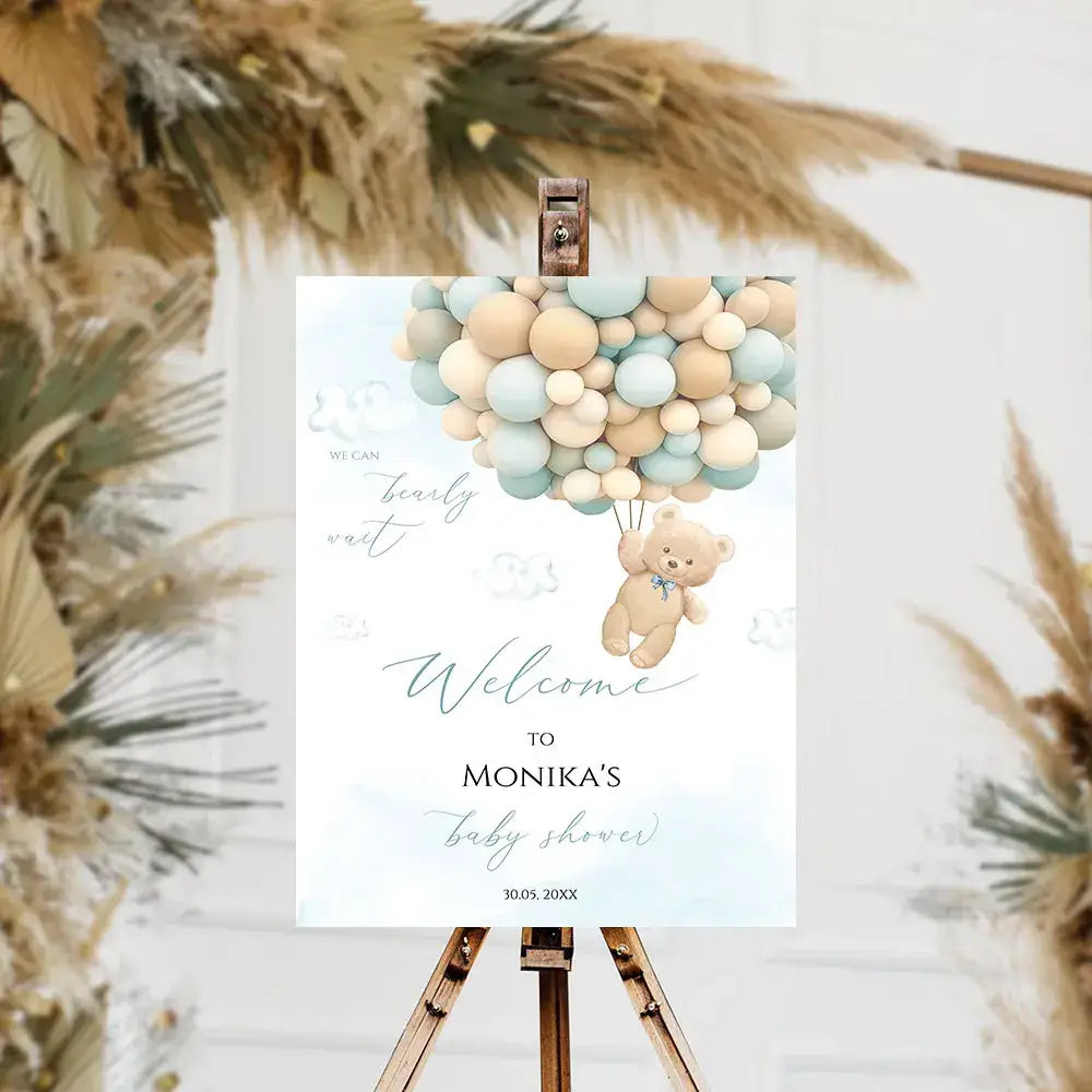 Decorbites™ personalized teddy bear baby shower welcome sign with a soft beige bear and pastel balloons