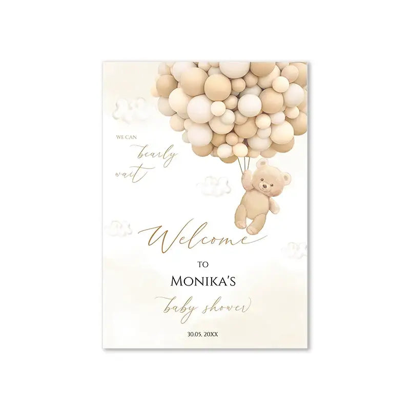 A soft beige teddy bear holding cream and light brown balloons for DecorBites™ personalized bear baby shower sign