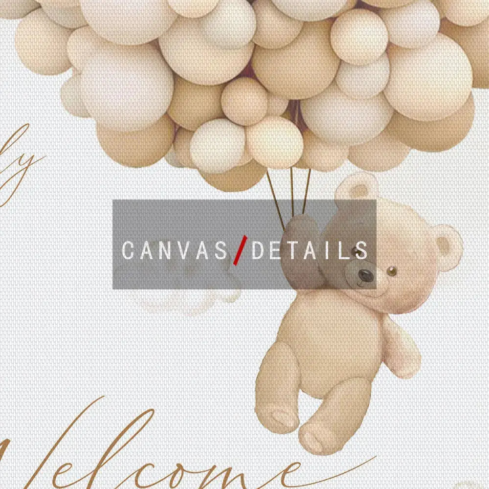 A soft beige teddy bear with a gentle smile beneath cream and tan balloons on a DecorBites™ bear baby shower sign