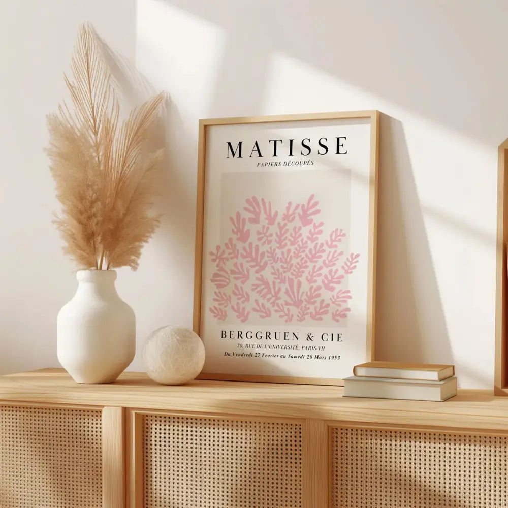 A framed decorbites™ pink abstract sage wall art set featuring matisse paper-cut pink botanical patterns on cream