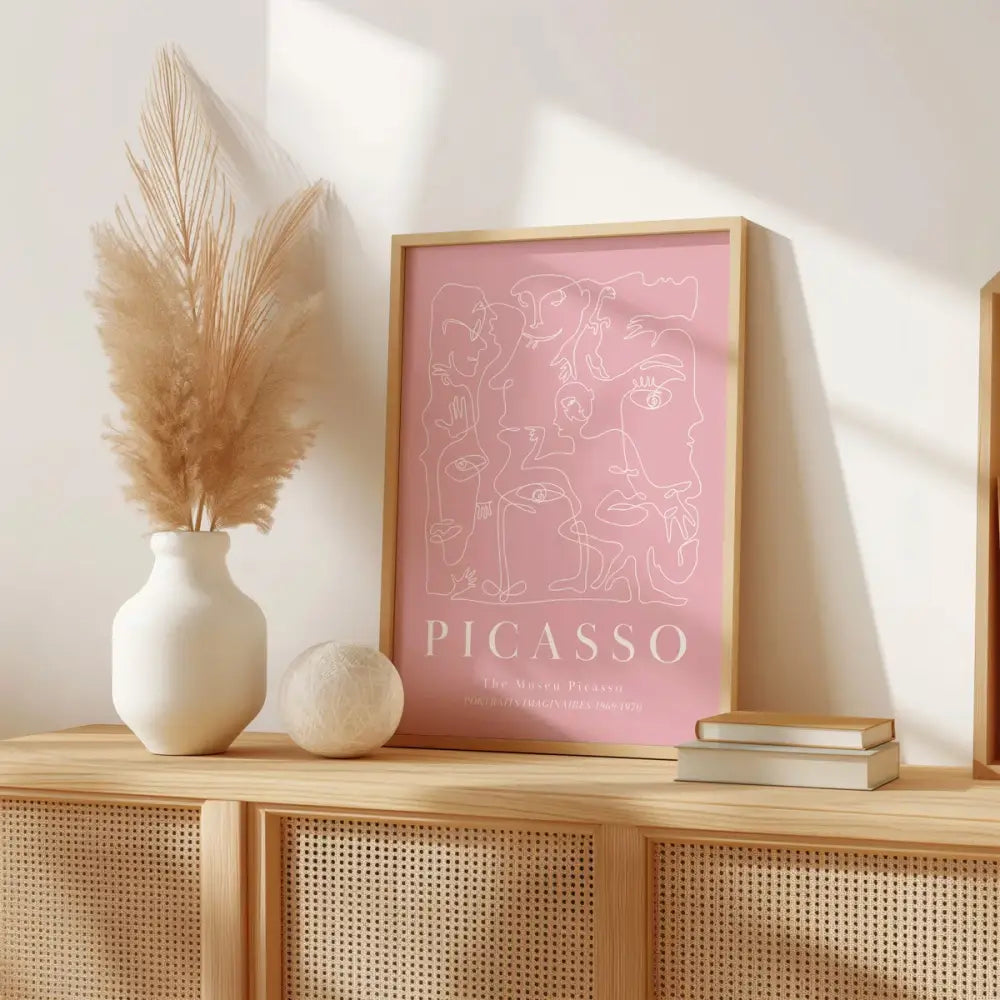 A framed pink picasso wall art print with white abstract faces and bold text in the DecorBites pink abstract sage wall art set