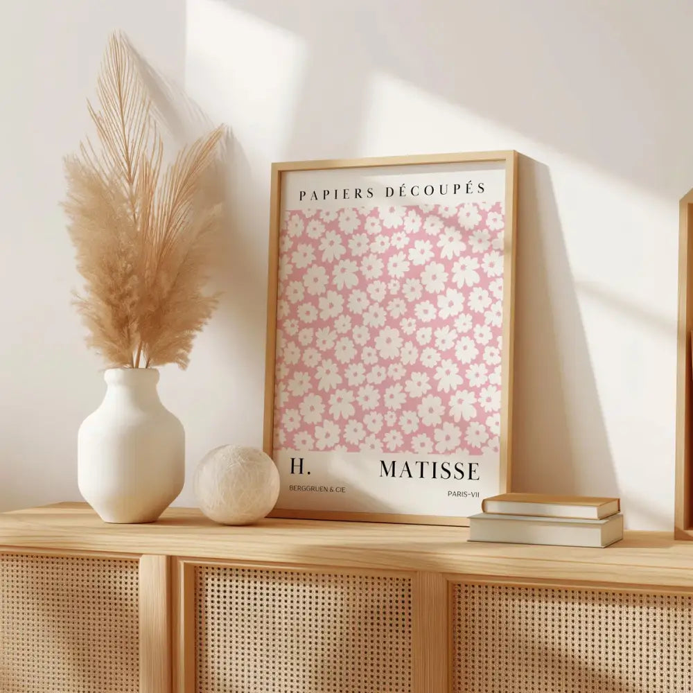 A framed wall art set featuring pink abstract sage colors with white floral patterns labeled papiers découpés by h