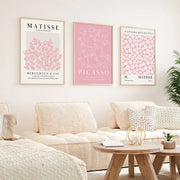 Three framed art prints in soft pink cream and white featuring matisse and picasso designs in decorbites pink abstract sage wall art set