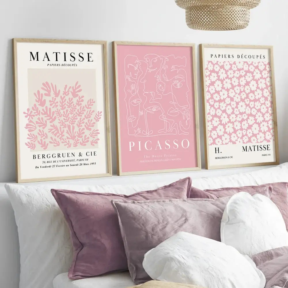 DecorBites™ pink abstract sage wall art set featuring three framed botanicals and abstract figures by matisse and picasso