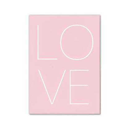 Decorbites™ pink aesthetic modern wall art featuring minimalist love lettering in clean white outline on a pink background