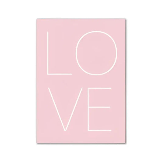 A minimalist pink DecorBites™ modern wall art poster with white love outline lettering for stylish room decor