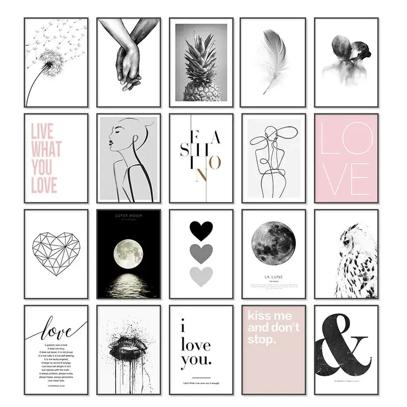 A collection of minimalist black and white and pastel pink aesthetic wall art prints for girls bedroom decor