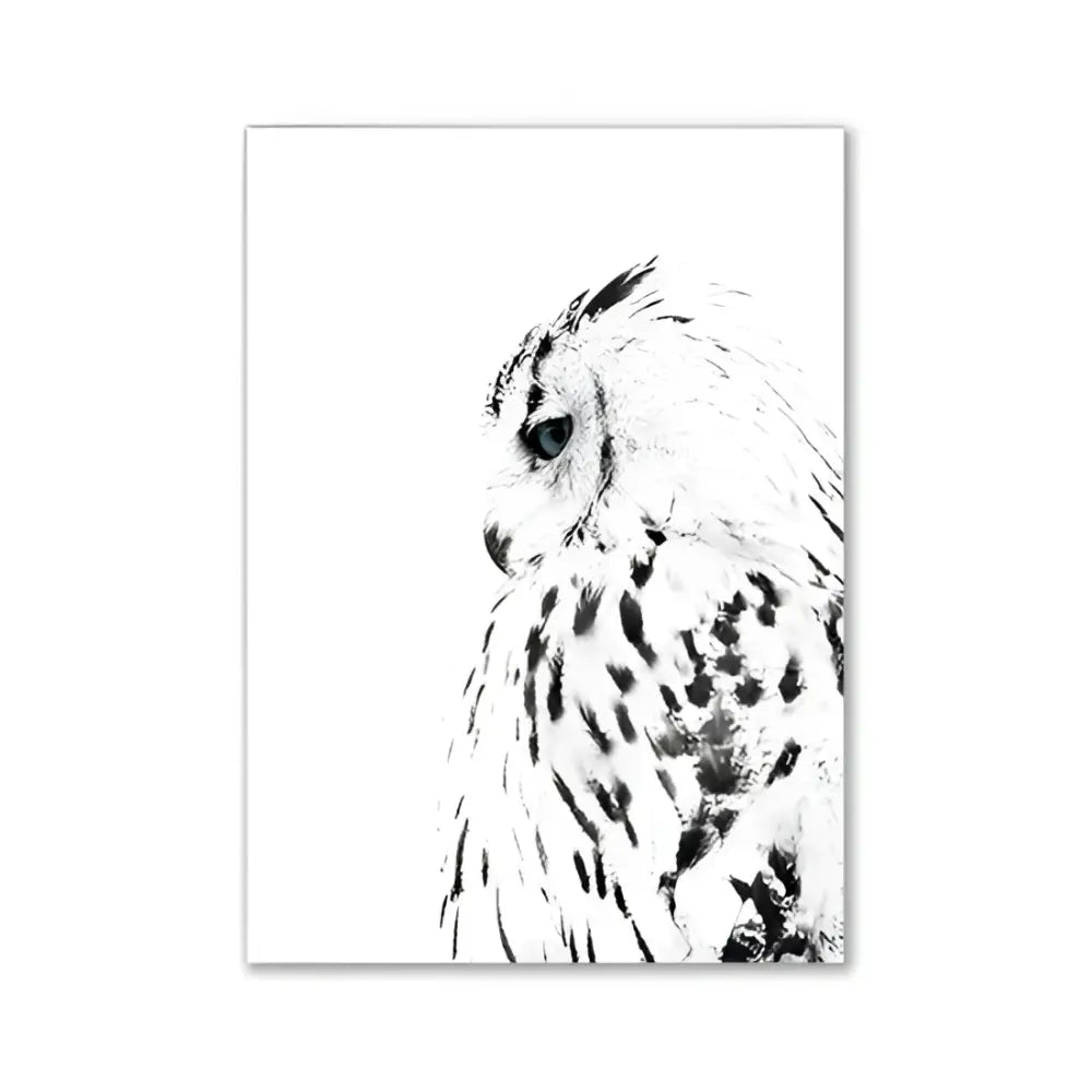 A monochrome snowy owl wall art in fine black ink strokes on white paper for pink aesthetic girls bedroom decor
