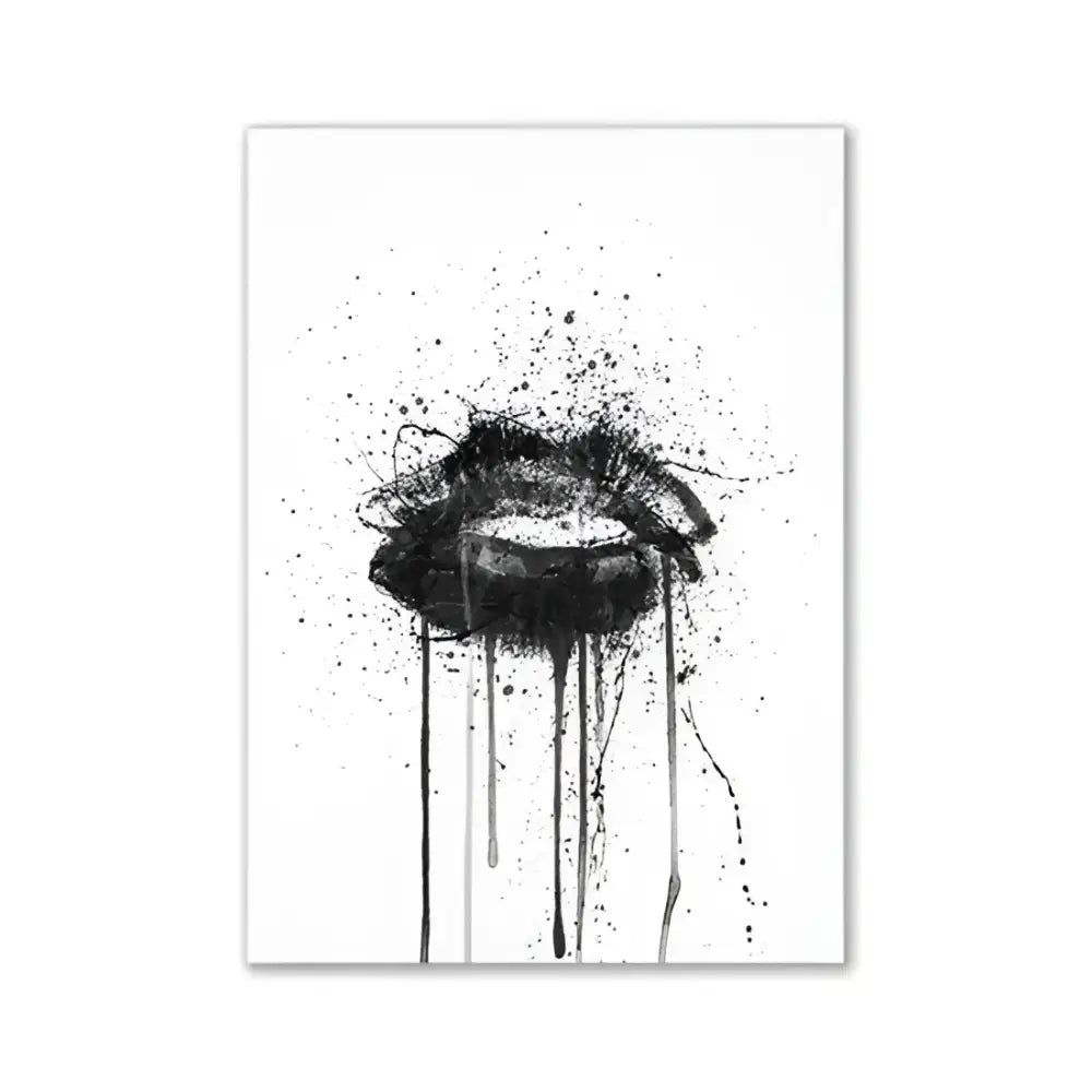 Decorbites™ pink aesthetic wall art featuring black ink splatter lips with drips on a white background for bedroom decor