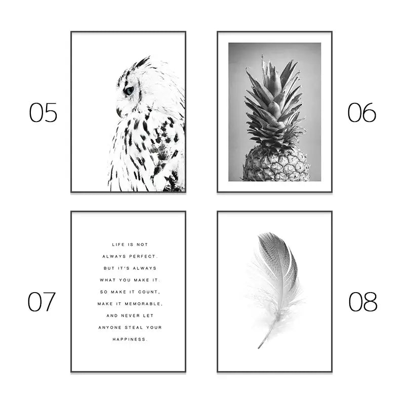 Black and white framed wall art prints featuring an owl pineapple inspirational text and feather for pink aesthetic bedroom decor