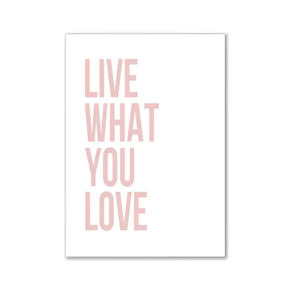 DecorBites pink aesthetic wall art print with live what you love phrase in soft pink for girls bedroom decor