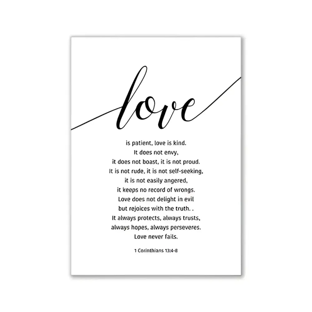 Black calligraphy wall art print with love and 1 corinthians passage for pink aesthetic girls bedroom decor