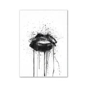 Black ink splatter lips art print with drips on white background in decorbites™ pink aesthetic wall art for girls bedroom