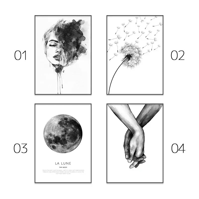 Set of four minimalist black and white framed art prints featuring watercolor and moon motifs for pink aesthetic wall art