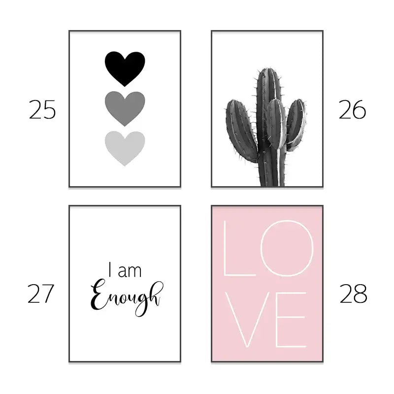 Set of four minimalist framed wall art prints with black and white hearts cactus and pink aesthetic wall text for girls bedroom