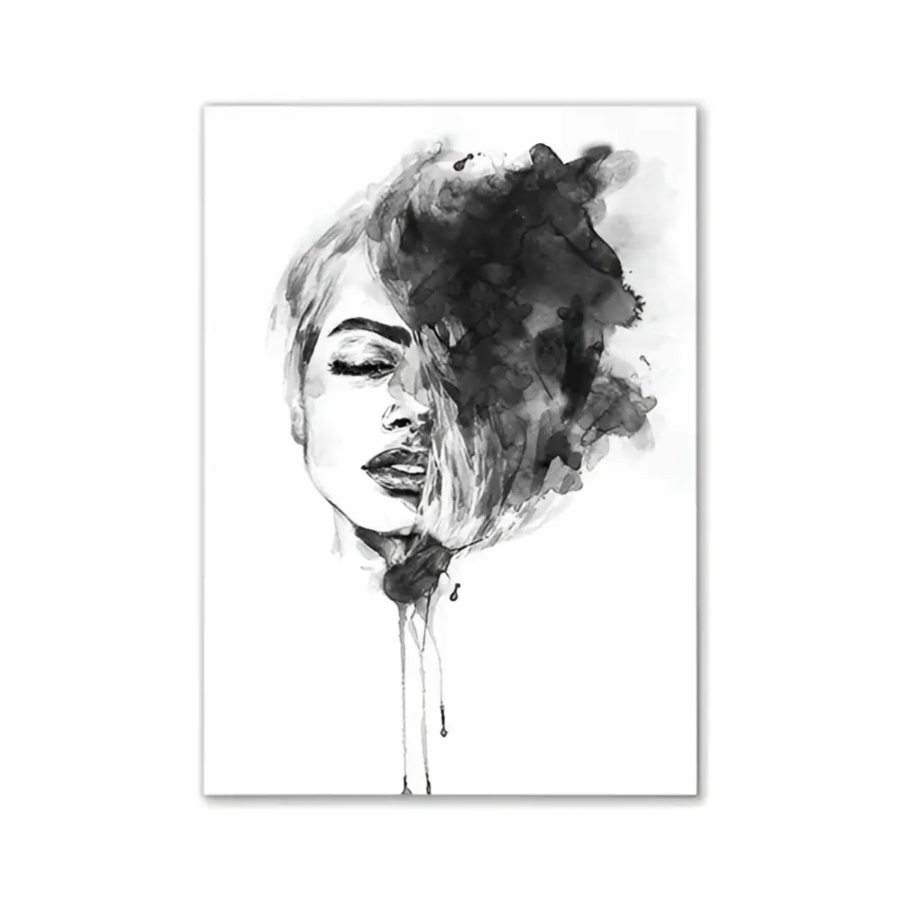Black and white watercolor portrait with bold ink splatters wall art for pink aesthetic room decor by DecorBites™