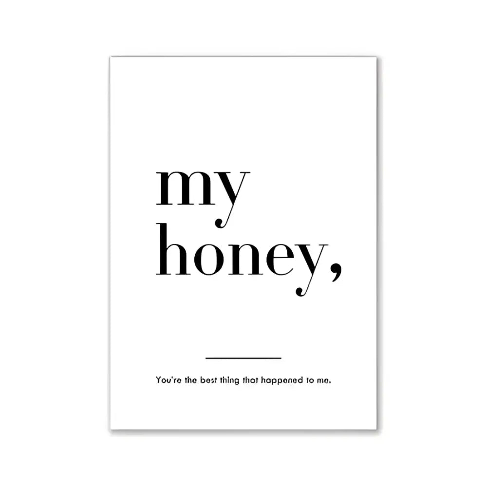Minimalist black and white wall art print with my honey text and pink aesthetic decor for modern room decor