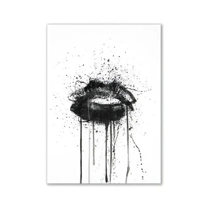 Black ink splatter lips art with drips and speckles on white background in decorbites pink aesthetic wall art set