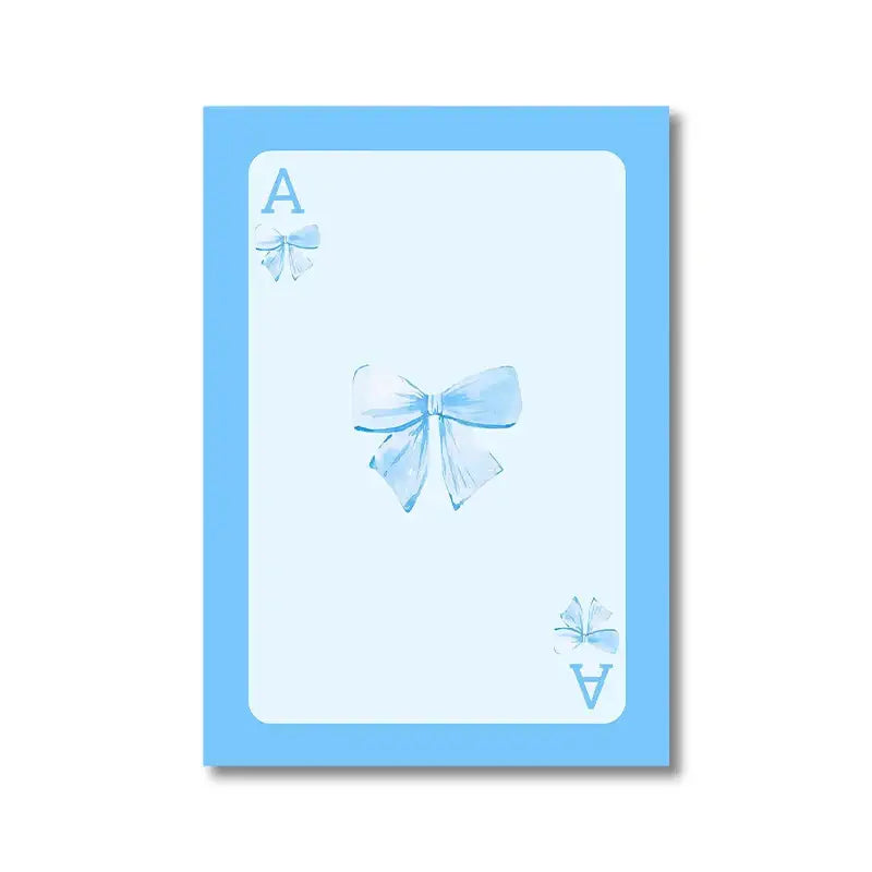 Light blue playing card with central watercolor pink bow and corner a symbols from decorbites pink bows wall art set
