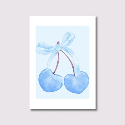 Decorbites™ pink bows wall art set featuring watercolor illustration of light blue heart-shaped cherries tied with ribbon bow