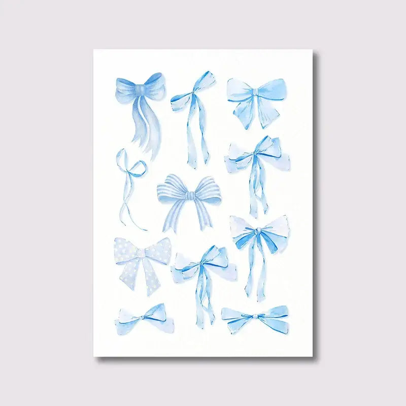 A watercolor wall art set by decorbites featuring multiple light blue bows in varying styles on white background