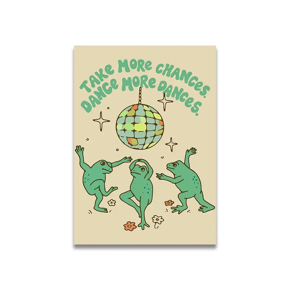 Beige rectangular pink cartoon print canvas wall art by decorbites featuring dancing green frogs and motivational text