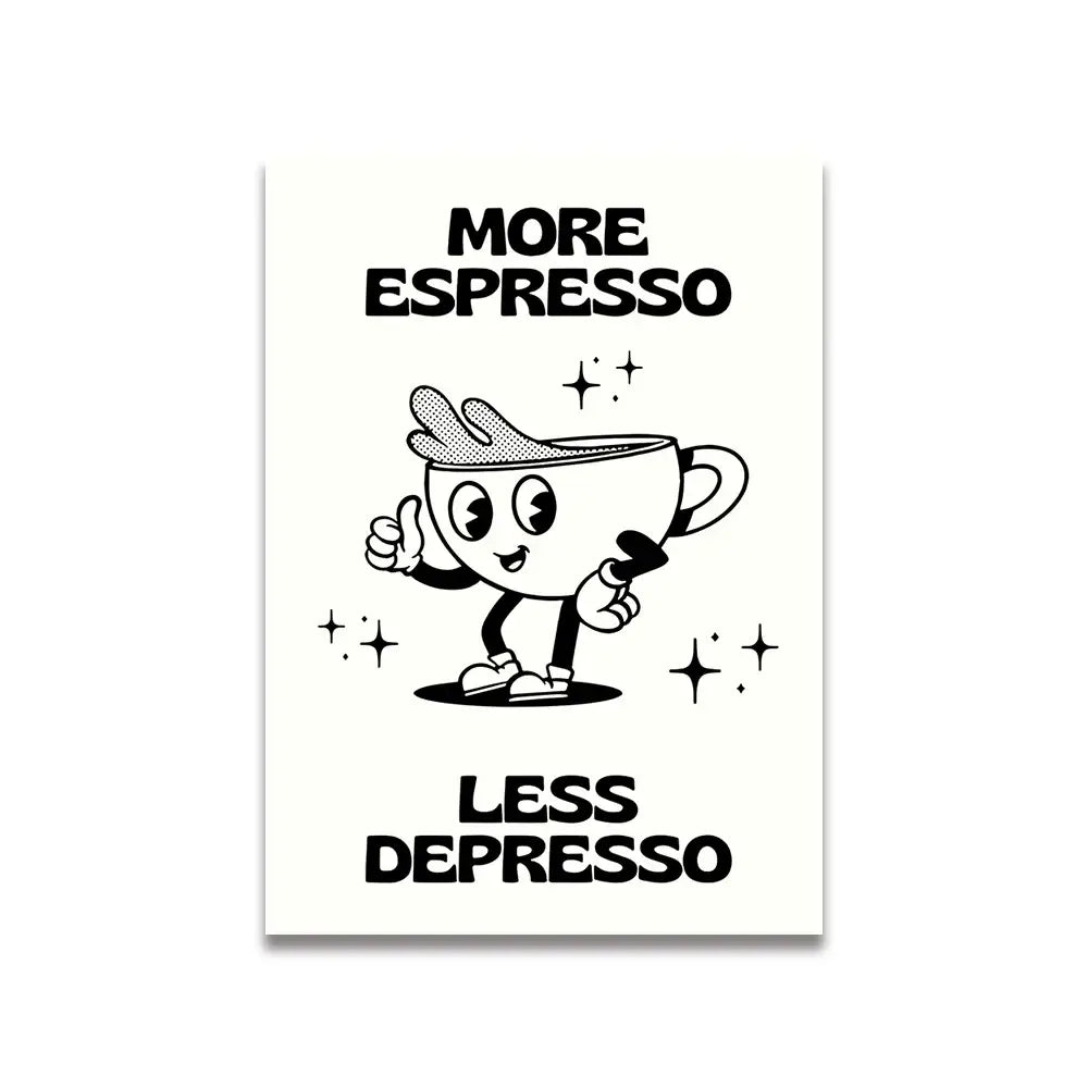 Decorbites™ pink cartoon print canvas wall art featuring a black and white cartoon espresso cup with thumbs-up gesture