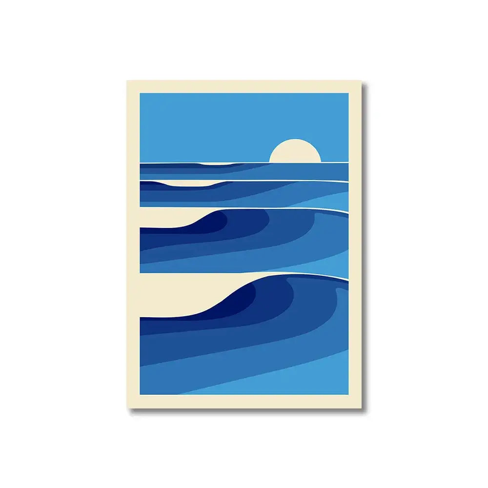 Decorbites™ pink cartoon print canvas wall art featuring blue ocean wave stylized sun with cream-colored border