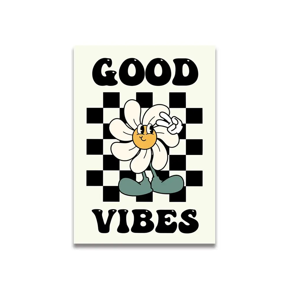 Decorbites™ pink cartoon print canvas wall art featuring a cheerful daisy with white petals and green shoes on checkered background
