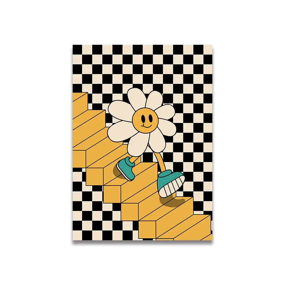 Decorbites™ pink cartoon print canvas wall art featuring a cheerful daisy walking up golden stairs with teal sneakers