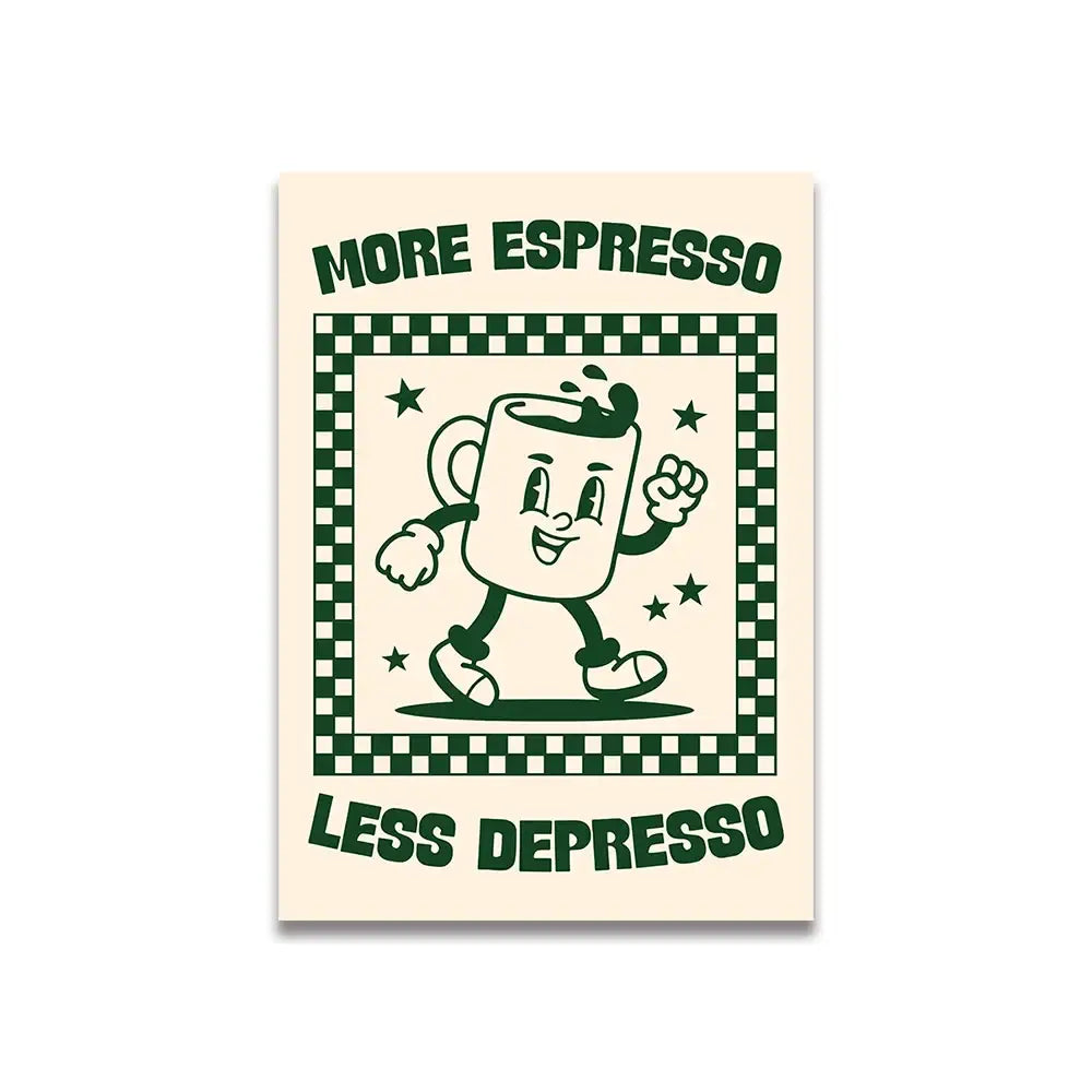 DecorBites™ pink cartoon print canvas wall art featuring a cheerful green ink espresso cup on cream background