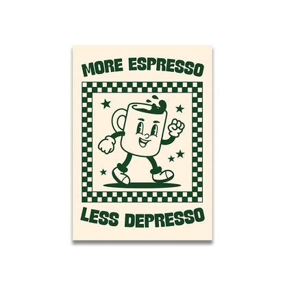 DecorBites™ pink cartoon print canvas wall art featuring a cheerful green ink espresso cup on cream background