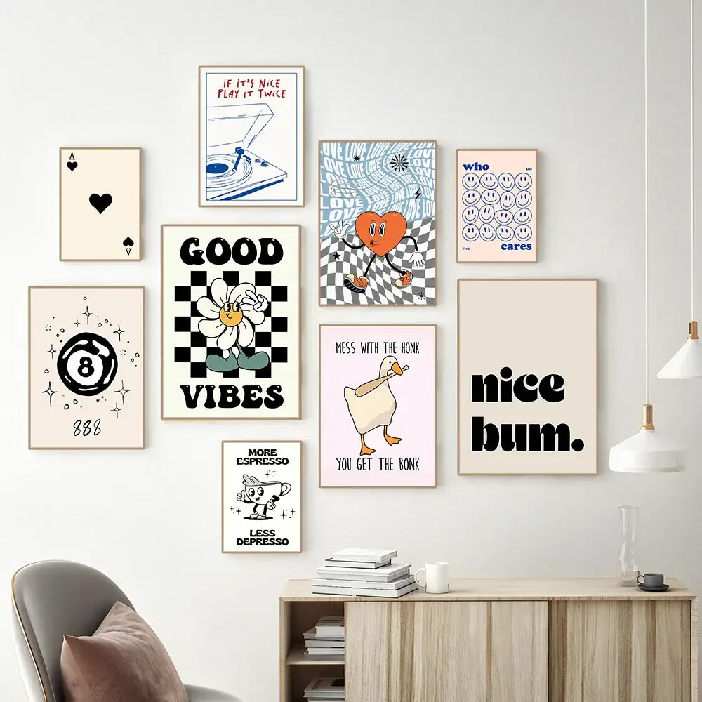 Collection of nine framed pink cartoon print canvas wall art featuring playful minimalist designs from DecorBites™