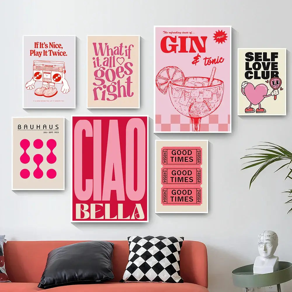 Decorbites™ pink cartoon print canvas wall art featuring six framed posters with bold pink typography and vintage graphics
