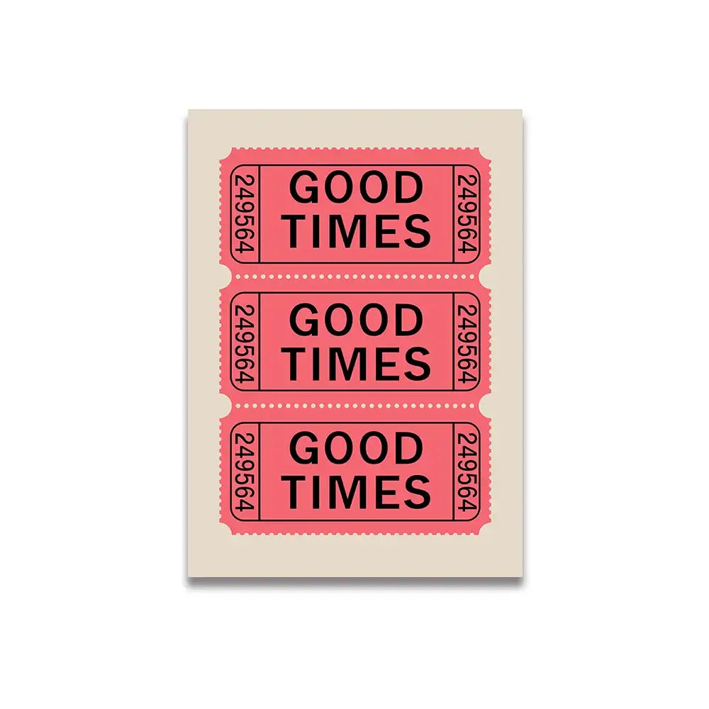 Decorbites™ pink cartoon print canvas wall art featuring three stacked perforated-style good times tickets with black text