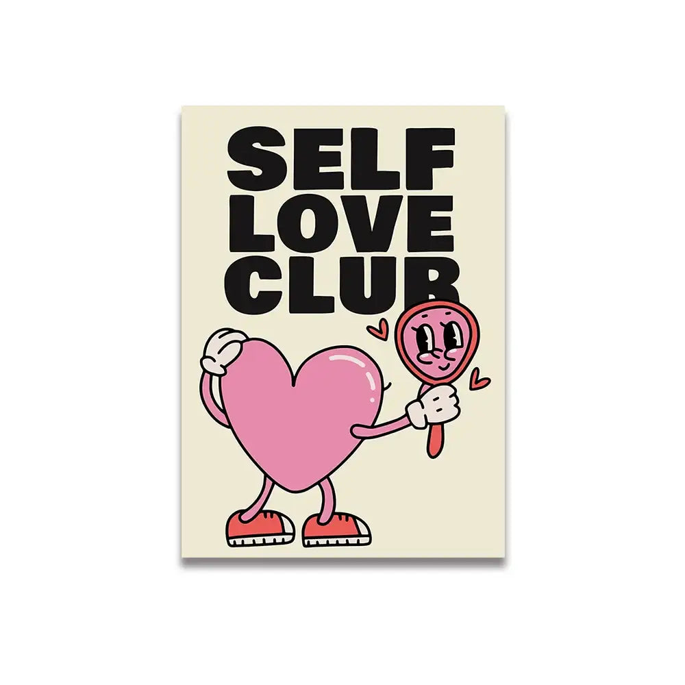 Decorbites™ pink cartoon print canvas wall art featuring a pink cartoon heart character holding a mirror and wearing sneakers