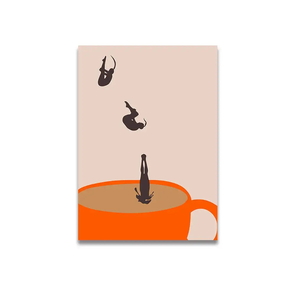 Decorbites™ pink cartoon print canvas wall art featuring an orange coffee cup with black silhouettes diving into it