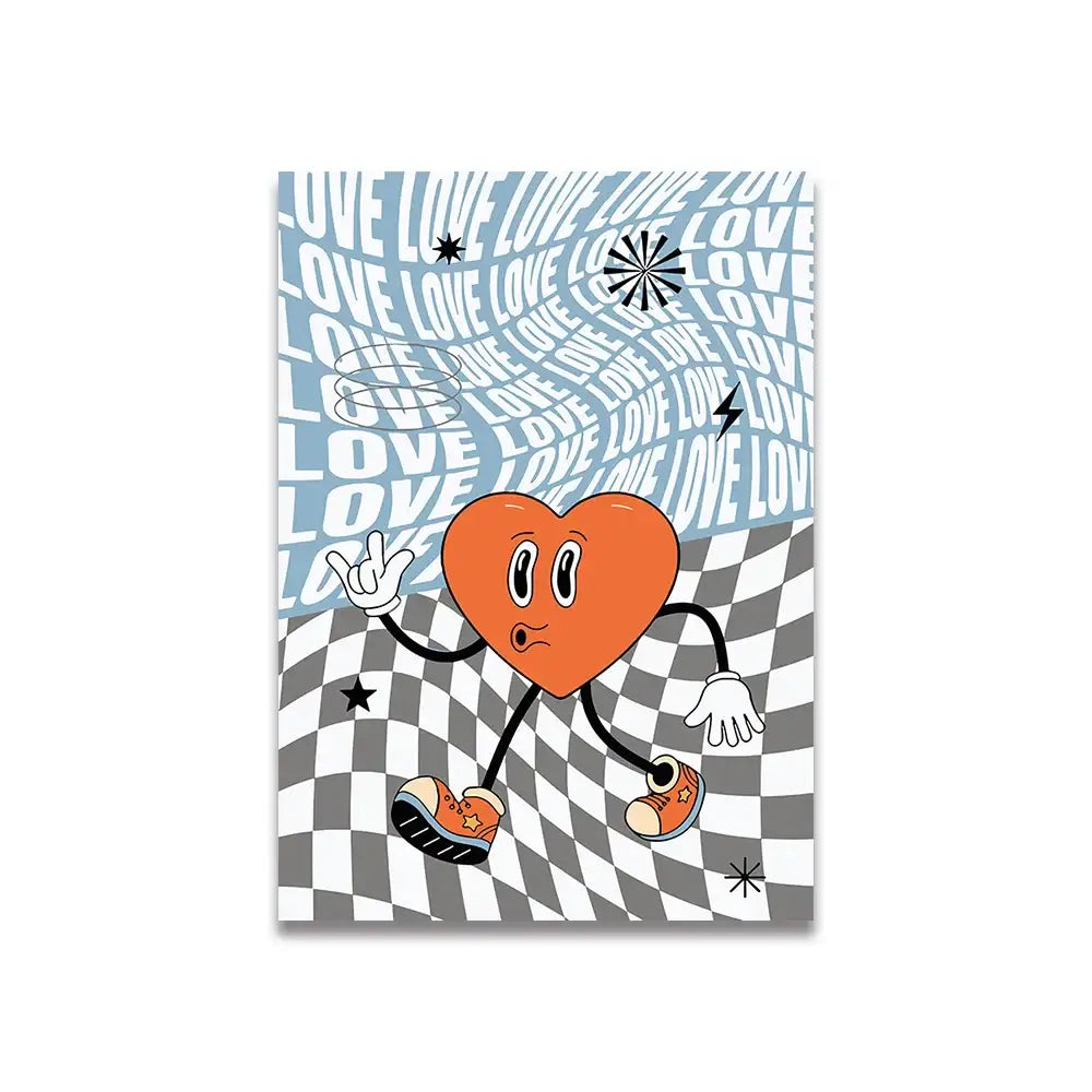 Decorbites™ pink cartoon print canvas wall art featuring an orange cartoon heart character with sneakers on blue background