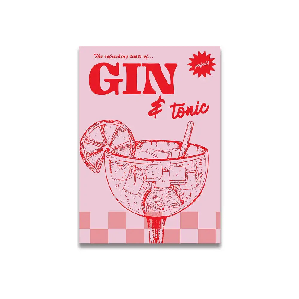 DecorBites™ pink cartoon print canvas wall art featuring red line-art gin and tonic illustration in margarita glass