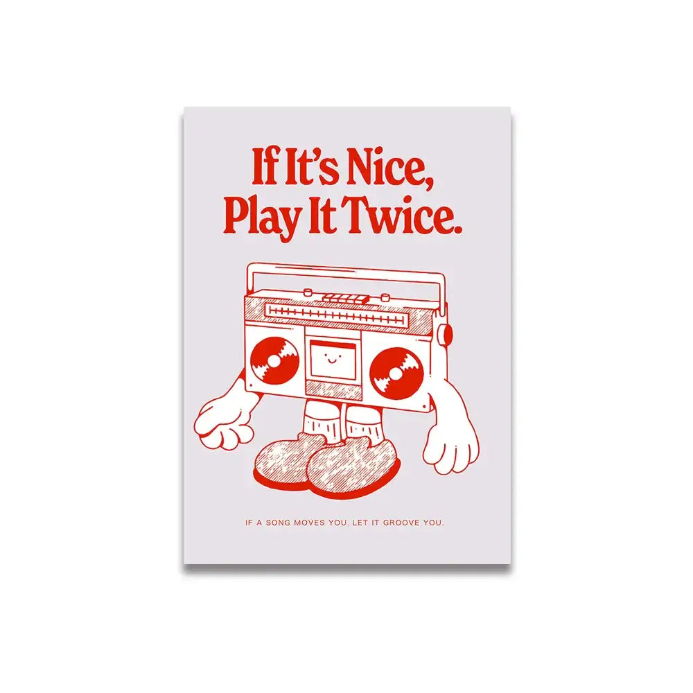 A charming red and white decorbites™ canvas wall art featuring a pink cartoon print of a smiling boombox
