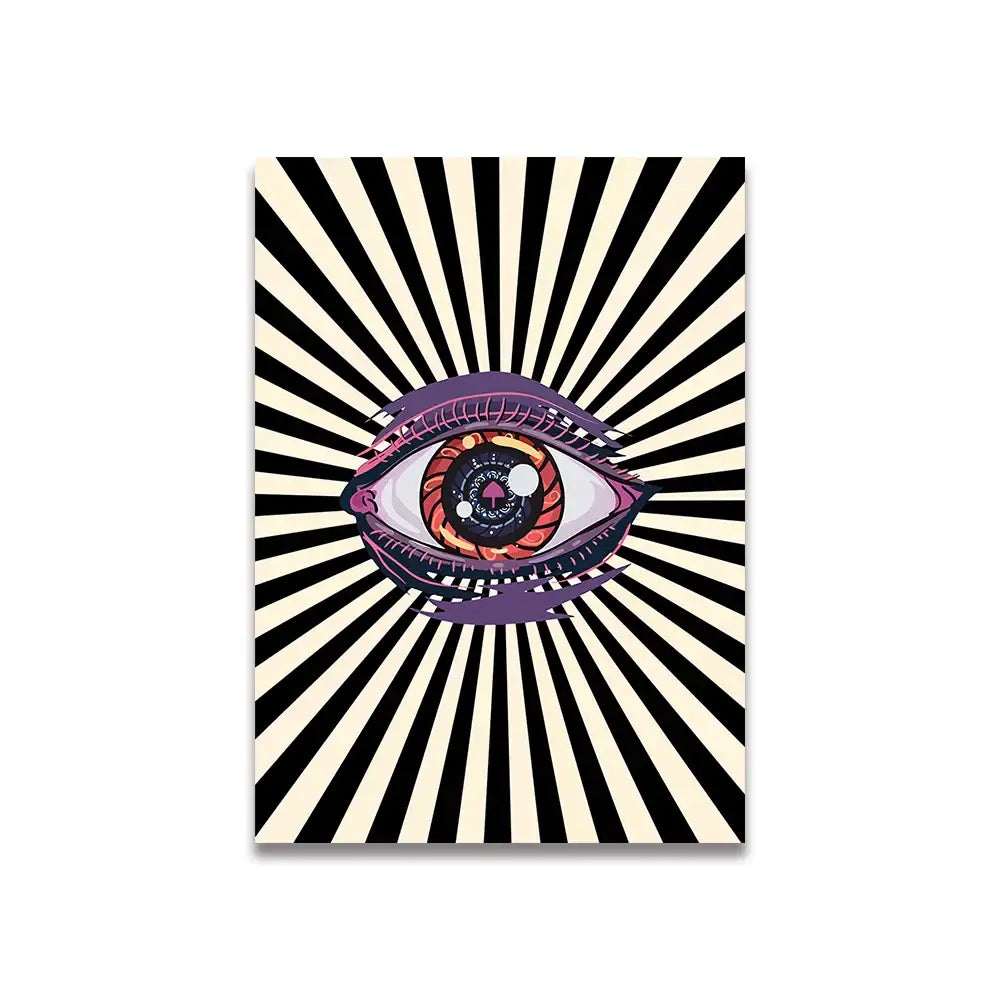DecorBites™ pink cartoon print canvas wall art featuring a stylized eye with purple iris and red-orange pupil