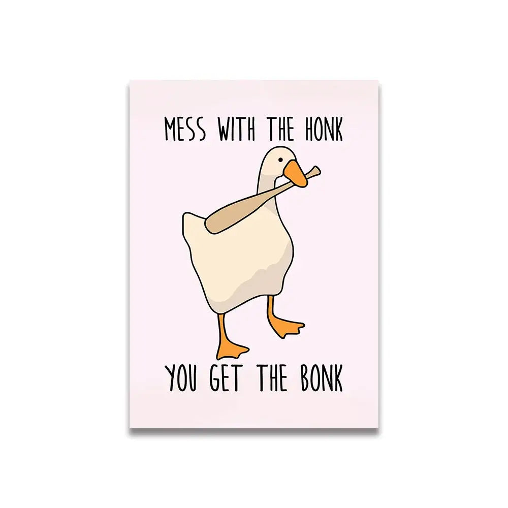 Decorbites™ pink cartoon print canvas wall art featuring a whimsical beige duck with orange beak holding a wooden bat