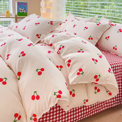 Cream-colored bedding set with playful cherry pattern in bright red and green by DecorBites™ pink floral bedding set queen size
