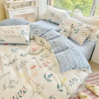 DecorBites™ pink floral bedding set queen size with pastel blue and cream botanical print and zigzag pattern accents