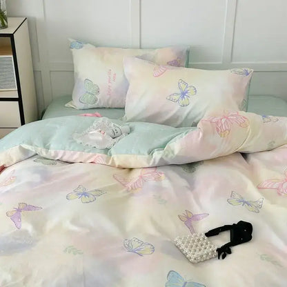 Decorbites™ pink floral bedding set queen size with pastel butterfly design soft flowing fabric in pink floral hues