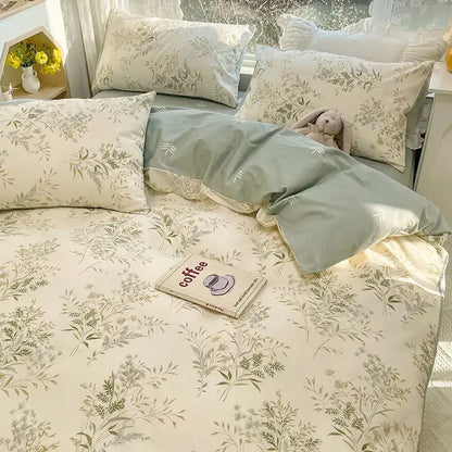 Decorbites™ queen size bedding set with soft cream color, green botanical prints, subtle lace trim, pink floral design